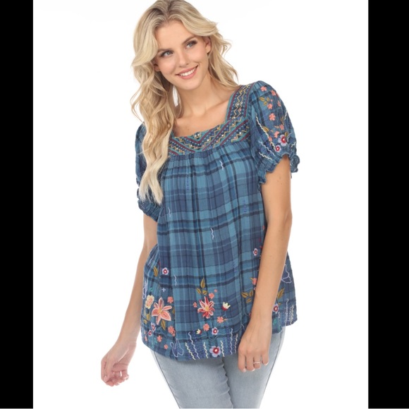 Johnny Was Tops - JOHNNY WAS Workshop Blue Aimee Plaid Puff Sleeve Peasant Top Size M